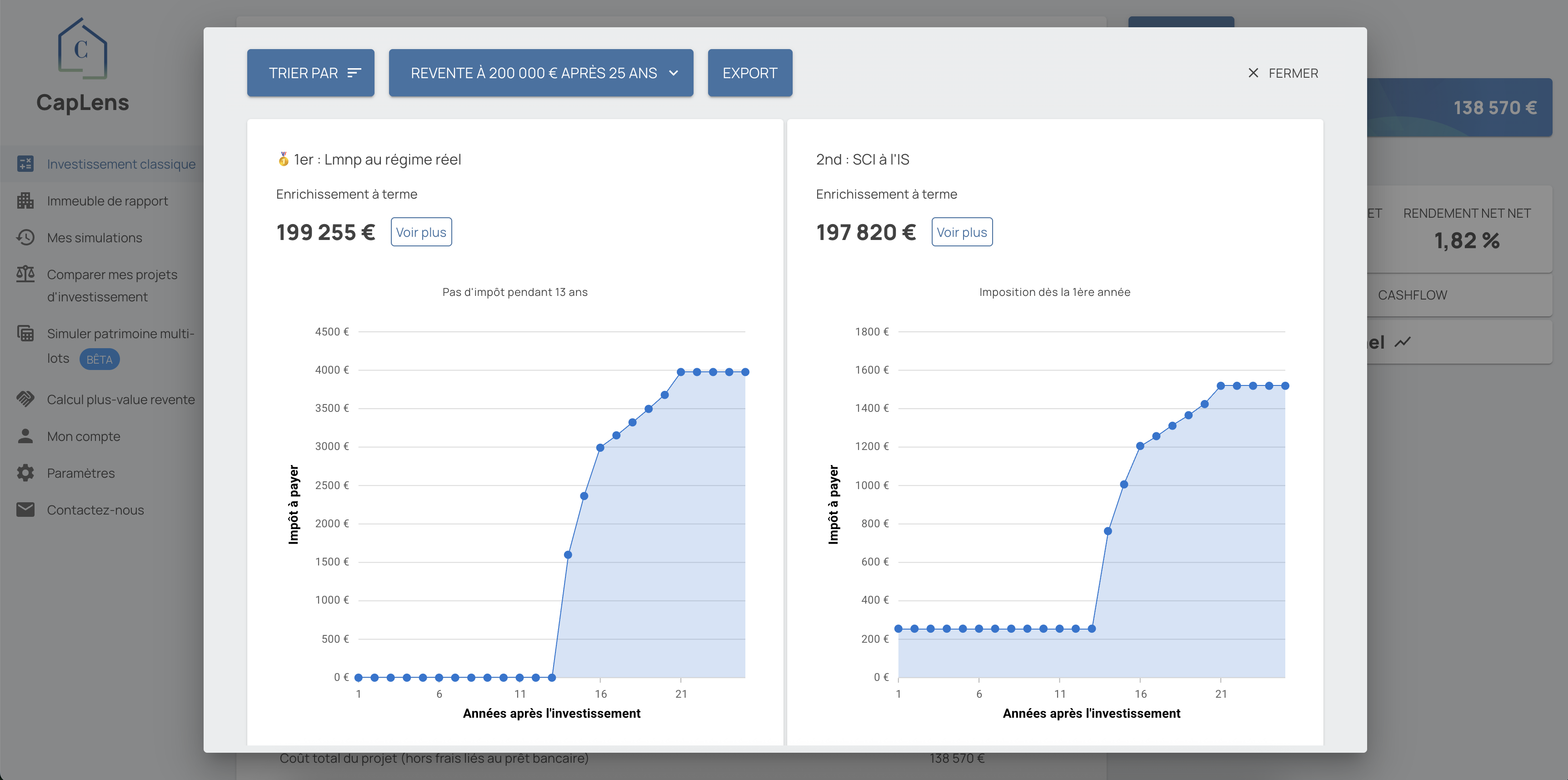 Interface CapLens - Analyse fiscale et benchmark d'investissement immobilier