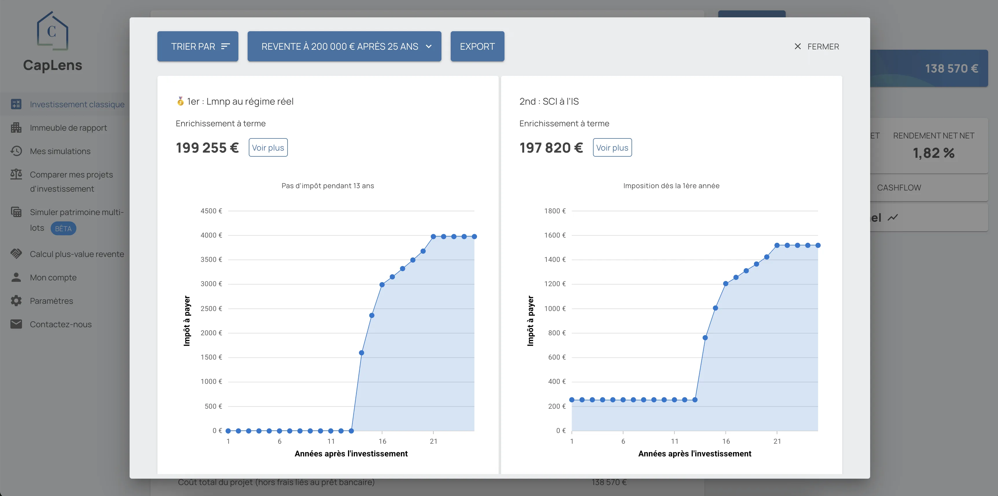 Interface CapLens - Analyse fiscale et benchmark d'investissement immobilier
